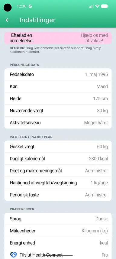 Knappen Periodisk faste på siden Indstillinger